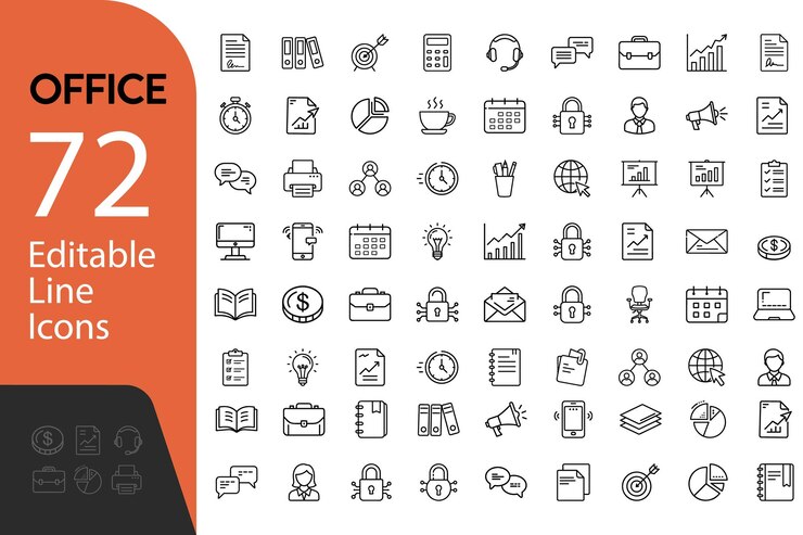 Conjunto de iconos editables de ilustración vectorial de oficina en estilo de línea delgada moderna en un fondo aislado