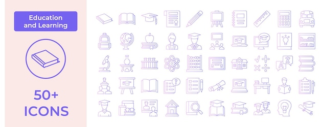 Conjunto de iconos de educación integral con herramientas de aprendizaje esenciales y símbolos académicos