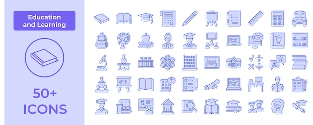 Conjunto de iconos de educación integral con herramientas de aprendizaje esenciales y símbolos académicos