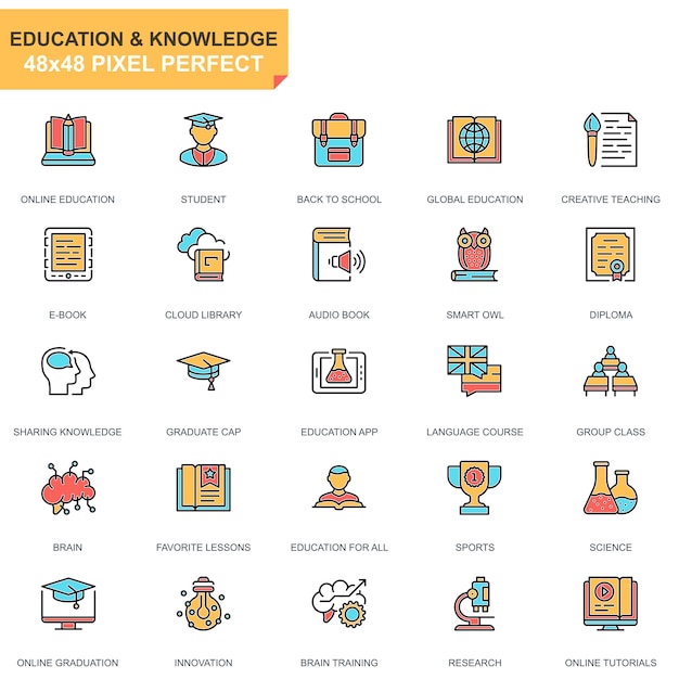 Conjunto de iconos de educación línea plana