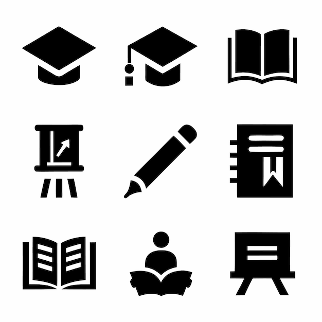 Conjunto de íconos educativos simples en blanco y negro