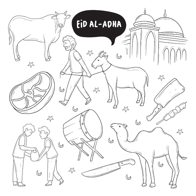 Conjunto de iconos de eid aladha con ilustración de dibujo a mano