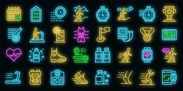 Conjunto de iconos de ejecución. Esquema conjunto de iconos vectoriales en ejecución color neón en negro