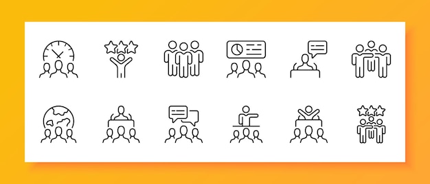 Conjunto de iconos de elecciones Horas mostrando comentarios de estrellas trabajando con clientes actividades públicas Icono de línea vectorial para negocios y publicidad