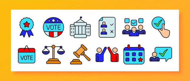 Conjunto de iconos electorales Insignia de voto edificio del gobierno lista de candidatos votantes casilla de comprobación boleta balanzas de justicia martillo partidos políticos calendario de votación