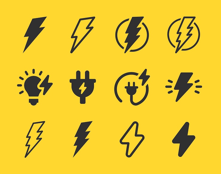 Vector conjunto de iconos de electricidad que contiene energía de enchufe eléctrico y iconos de rayo vectorial