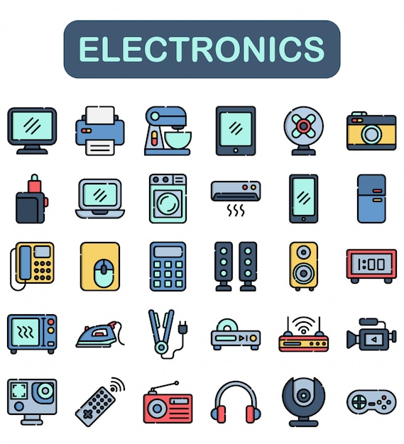 Vector conjunto de iconos de electrónica, estilo lineal color