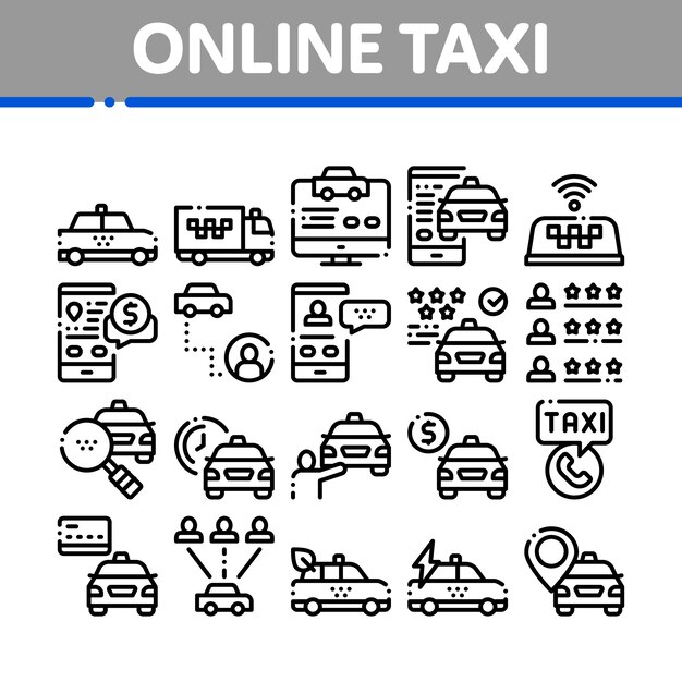 Conjunto de iconos de elementos de colección de taxi en línea