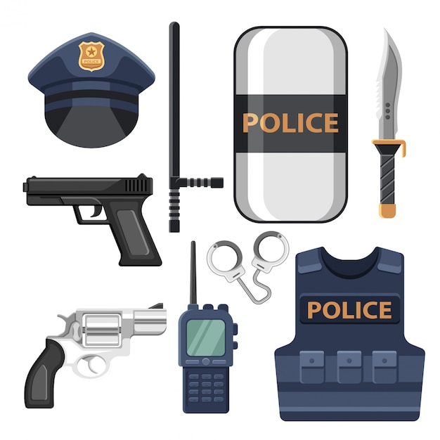 Vector conjunto de iconos y elementos de equipos de policía