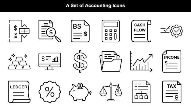 Conjunto de iconos Elementos financieros Contabilidad Impuesto sobre la Renta Flujo de caja Piggy Bank Fondo transparente
