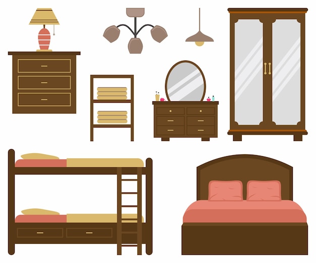 Vector conjunto de iconos y elementos interiores de diseño plano moderno vectorial diseño de muebles para dormitorio lámparas de cama armario tocador mesa de armario de madera ilustración vectorial sobre un fondo blanco