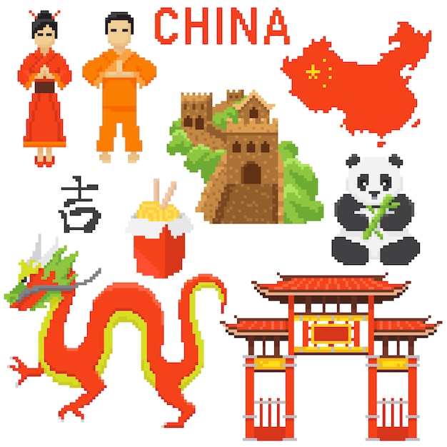 Conjunto de iconos de elementos de tradición china. pixel art estilo años 80.