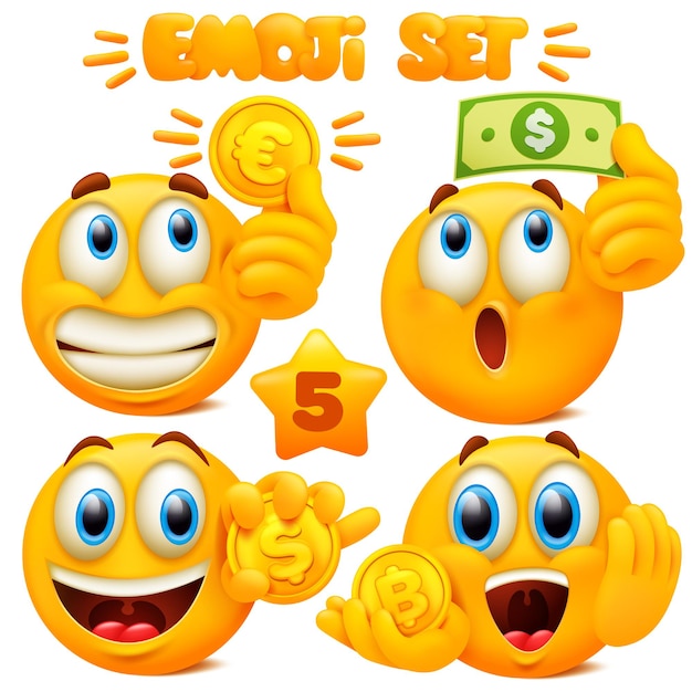 Vector conjunto de iconos de emoji amarillo personaje de dibujos animados de emoticonos con diferentes expresiones faciales en estilo 3d aislado