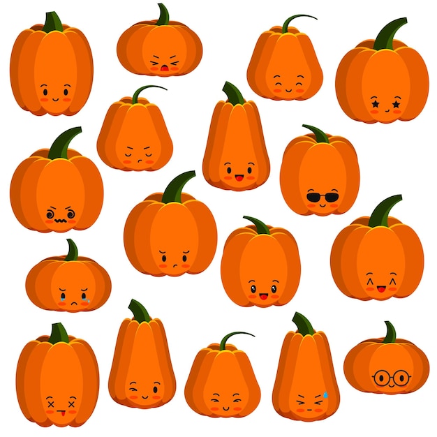 Conjunto de iconos emoji de caras de calabaza aislado en blanco.