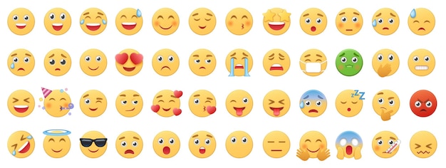 Conjunto de iconos emoji colección de caras amarillas divertidas emoticones con diferentes expresiones