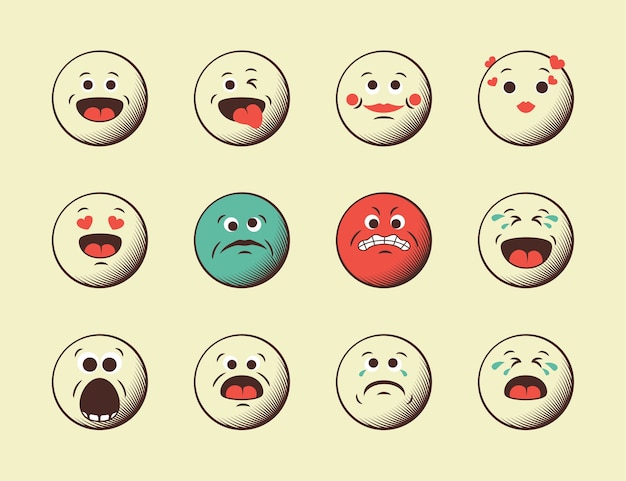 Conjunto de iconos de emoticonos retro vintage. elementos de diseño retro minimalista moderno de fondo emoji. ilustración vintage.