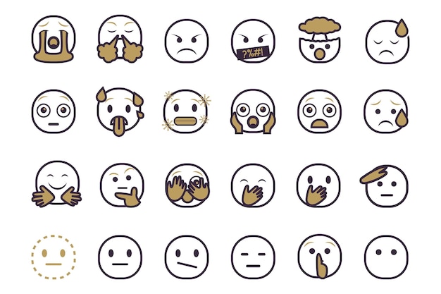 Conjunto de iconos de emoticonos sonrientes Conjunto de Emoji de dibujos animados con una sonrisa triste, feliz y emoción plana en un estilo de dos tonos