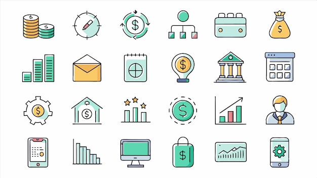 un conjunto de iconos empresariales que incluyen un banco y un informe financiero