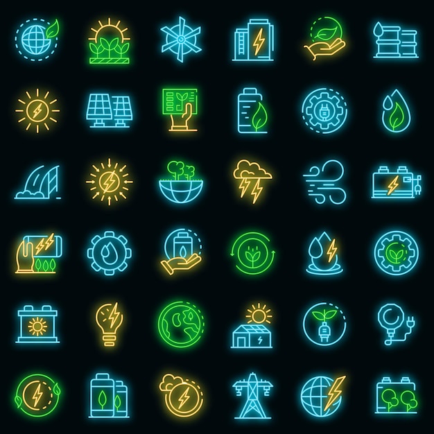 Conjunto de iconos de energía limpia. Esquema conjunto de iconos de vector de energía limpia color neón en negro