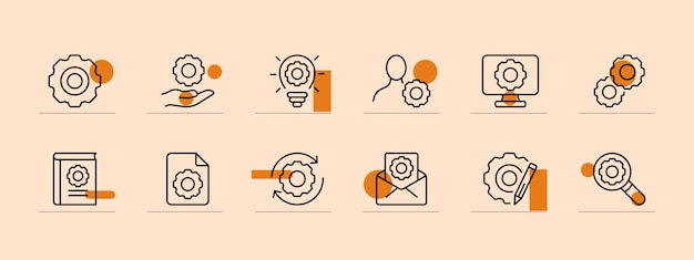 Conjunto de iconos de engranajes Configuración bombilla lupa lápiz cambio instrucciones de libro de personalización fondo de color pastel icono de línea vectorial para negocios y publicidad