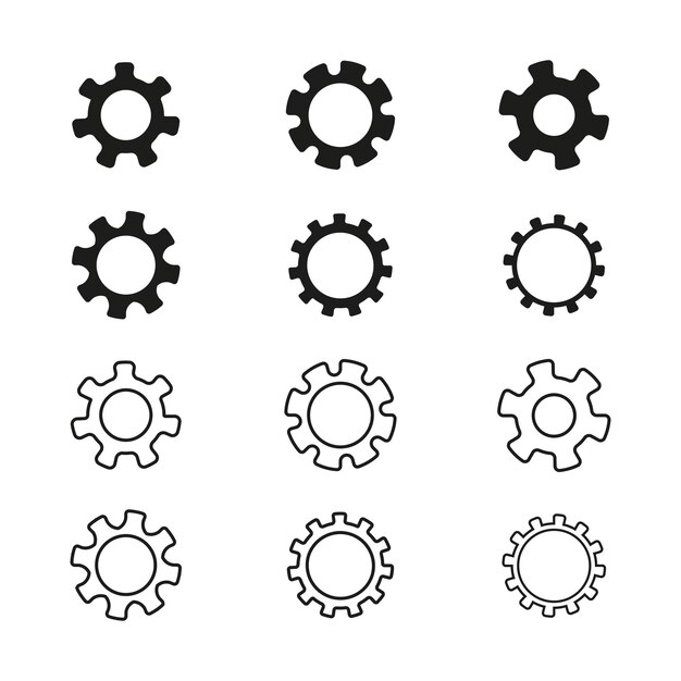 Conjunto de iconos de engranajes de silueta minimalista y rueda dentada o vector mecánico mínimo en fondo blanco