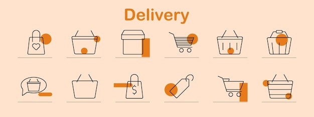 Conjunto de iconos de entrega Bolsa de compras canasta caja de carrito etiqueta de habla burbuja corazón bolsa de dinero compras en línea paquete de venta al por menor compra comercio electrónico bienes de consumo servicio transacción envío