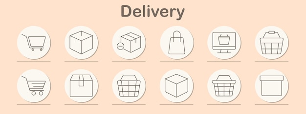 Conjunto de iconos de entrega Bolsa de compras canasta caja de carrito etiqueta de habla burbuja corazón bolsa de dinero compras en línea paquete de venta al por menor compra comercio electrónico bienes de consumo servicio transacción envío