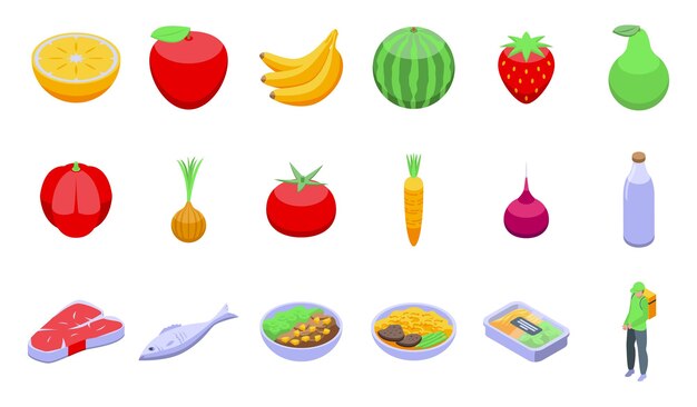 Conjunto de iconos de entrega de comidas saludables vector isométrico caja de clientes de la naturaleza Servicio en línea