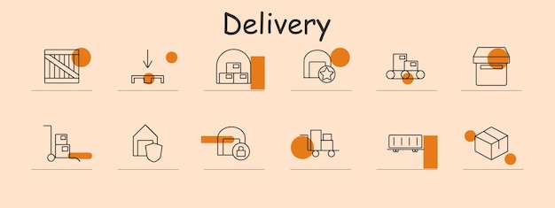 Conjunto de íconos de entrega Envases de cajas de madera de lanzamiento de almacén Cinturón transportador Caja de muñecas con cajas Casa segura Envases cerrados Envases logísticos Envío transporte Distribución cadena de suministro