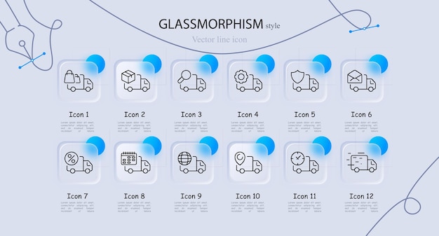 Conjunto de iconos de entrega Van escudo engranaje transporte planeta móvil reloj de velocidad estilo Glassmorphism icono de línea vectorial para negocios y publicidad