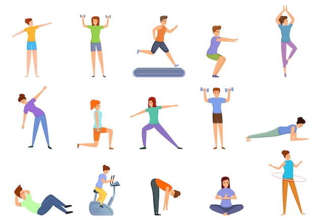Conjunto de iconos de entrenamiento en casa, estilo de dibujos animados