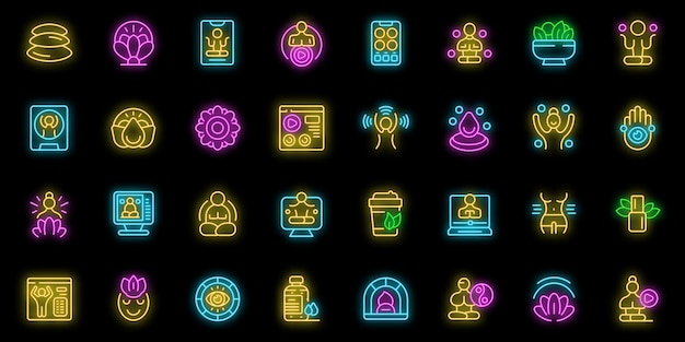 Conjunto de iconos de entrenamiento de yoga en línea neón vectorial