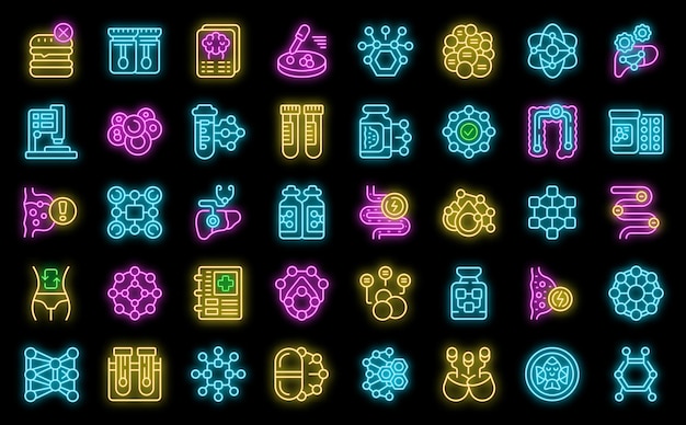Conjunto de iconos de enzimas neón vectorial