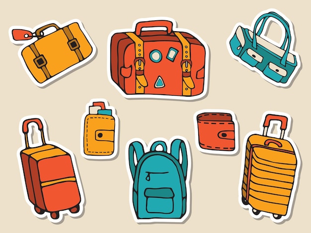 Conjunto de iconos de equipaje de viaje dibujados a mano por vectores varios bolsos de viaje para viajes