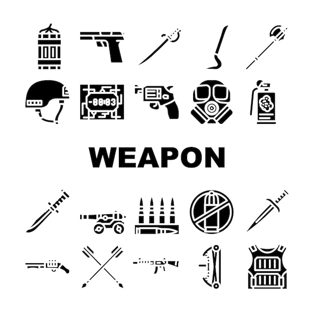 Conjunto de iconos de equipo del ejército militar de armas Arco vectorial y flecha para apuntar Revolver Pistola Rifle y pistola Arma Casco de bala Cuchillo Espada Granada y Pictogramas de glifo de dinamita Ilustraciones negras