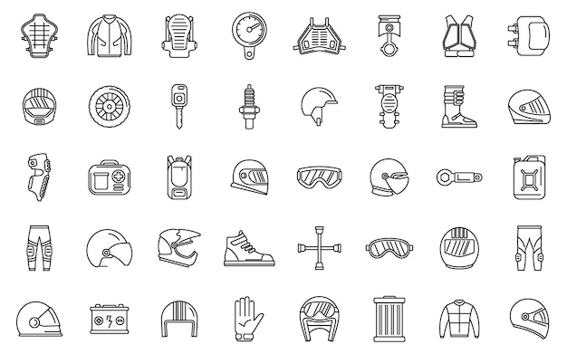 Conjunto de iconos de equipo de motocicleta vector de contorno