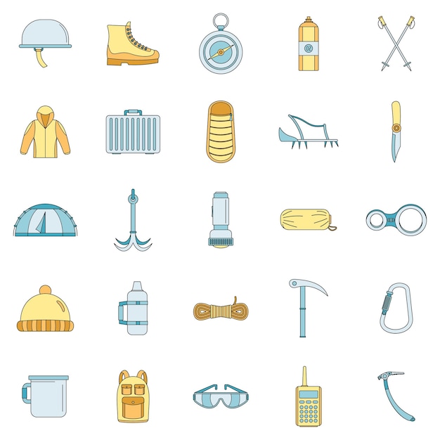 Conjunto de iconos de equipos de montañismo Ilustración general de 25 iconos vectoriales de equipos de montañismo de línea delgada color plano sobre blanco
