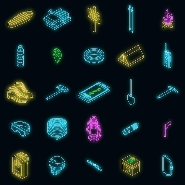 Conjunto de iconos de equipos de montañismo neón vectorial