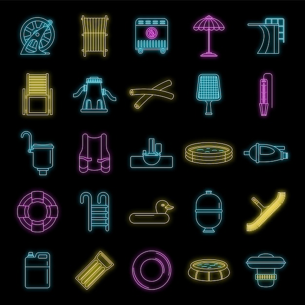 Conjunto de iconos de equipos de natación Conjunto de iconos vectoriales de equipos de natación de color neón en negro