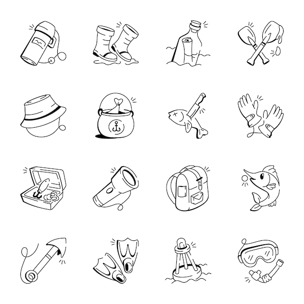 Conjunto de iconos de equipos de pesca al estilo de Doodle