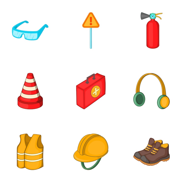 Vector conjunto de iconos de equipos de trabajo en carretera, estilo de dibujos animados