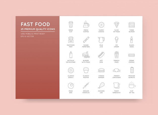 El conjunto de iconos y equipos de Vector Fastfood Fast Food Elements como ilustración se puede utilizar como logotipo o icono en calidad premium