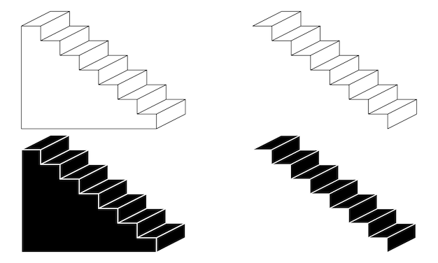 Conjunto de iconos de escalera de silueta de contorno aislado sobre fondo blanco.