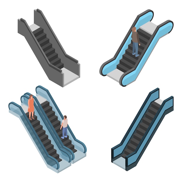 Conjunto de iconos de escaleras mecánicas. Conjunto isométrico de iconos de vector de escaleras mecánicas para diseño web aislado sobre fondo blanco