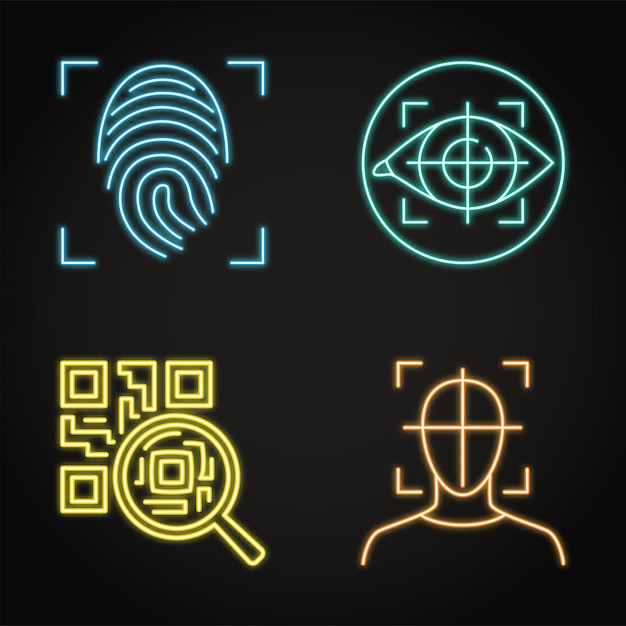 Conjunto de iconos de escaneo biométrico de neón
