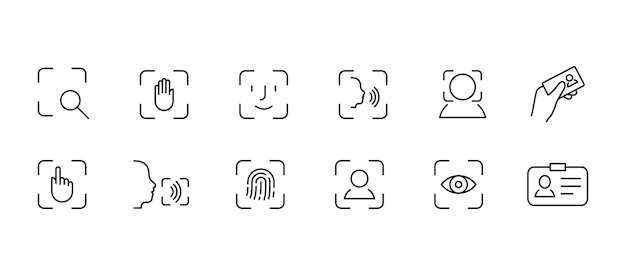 Conjunto de iconos de escaneo Cara voz ojo reconocimiento de huellas dactilares iconos de línea delgada Toque id cara id voz id símbolo de seguridad Identificación de documentos Vector EPS 10