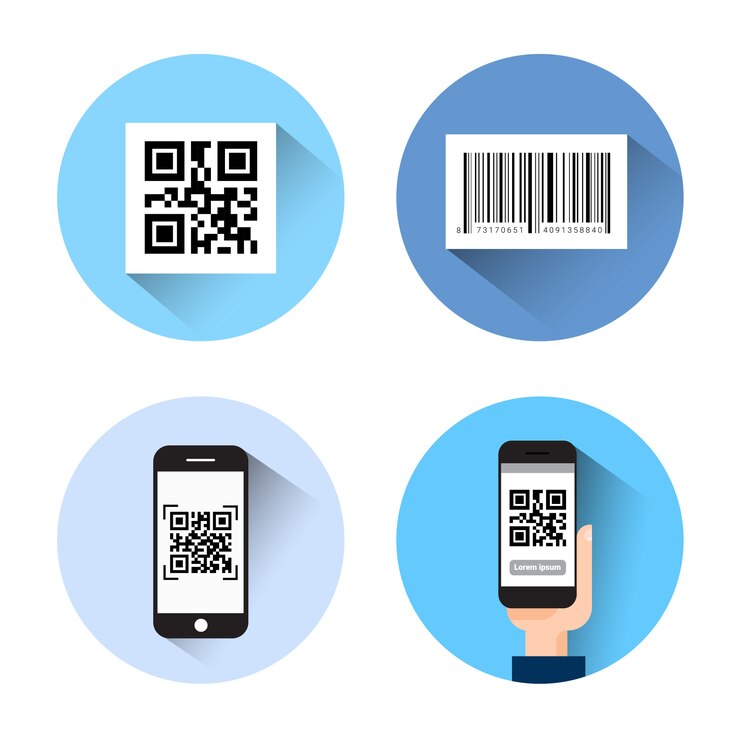 Vector conjunto de iconos con escaneo de códigos de barra qr teléfonos inteligentes aislados sobre fondo blanco