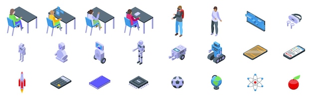Conjunto de iconos escolares futuristas Estudiantes estudiando en el escritorio de la escuela y conjunto de iconos conceptuales de inteligencia artificial