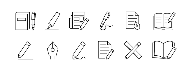 Conjunto de íconos de escritura Pluma nota de escritura texto firma línea íconos vector
