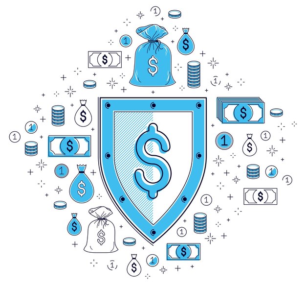 Conjunto de iconos de escudo y dólar, concepto de seguridad financiera, defensor comercial de armadura, protección financiera, diseño de línea plana delgada de vector, los elementos se pueden utilizar por separado.